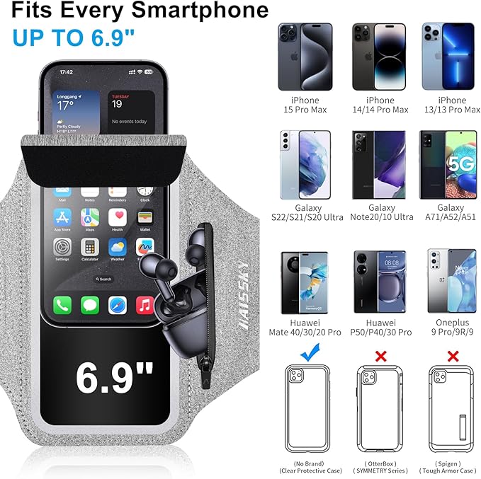 Cell Phone Running Armband with Earbuds Zipper Pocket Armband Case Running Holder for iPhone 16 Pro Max/15/14 Pro Max/13/12 /11 Pro Max/XS/XR,Galaxy S20 S10,Sweatproof Arm Band with Card/Key Bag