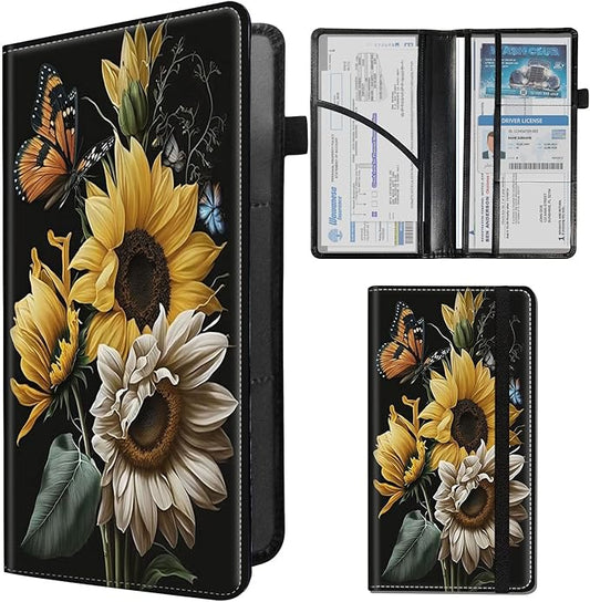 Car Registration and Insurance Holder,Leather Insurance License and Registration Card Holder for Car Glove Box, Auto Truck Document Holder Organizer for Men Women-Sunflowers Daffodils Butterflies