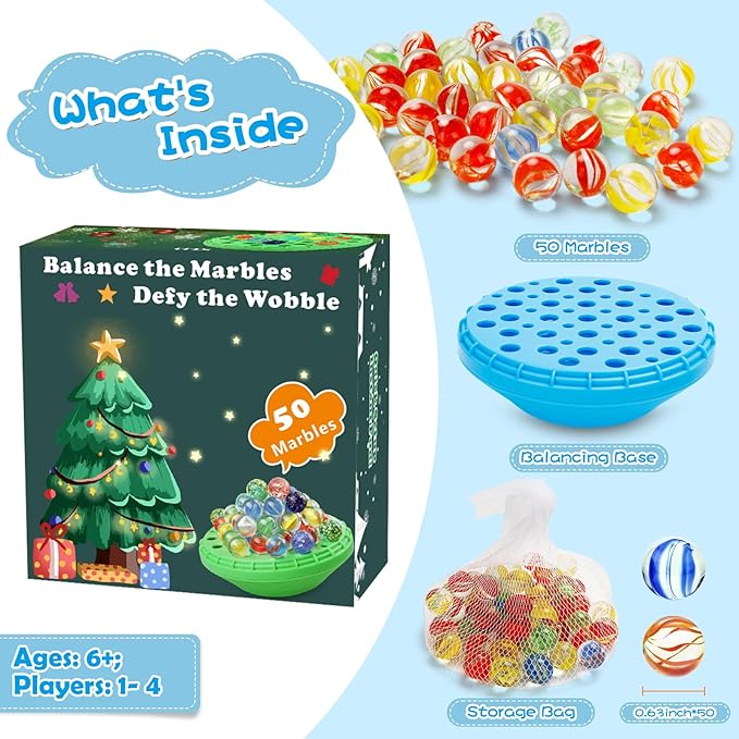 Marble Balance Game - 50 Colorful Marbles with Built-in Storage, Fun Family Challenge for 1-4 Players, Educational Toy for Kids & Adults, Perfect for Parties, Travel & Birthday Gifts (Blue)