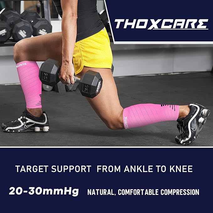 Thoxcare Calf Compression Sleeve for Men Women (2 Pairs), Leg Support Footless Compression Socks for Running - Shin Splint Varicose Veins Swelling & Pain Relief, Pink/Black, Large