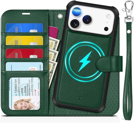 TUCCH Detachable Case Wallet for iPhone 17 Pro Max (6.9") 2025, Removable Wrist Strap, Wireless Charging, Stand, 4 Card Slots RFID Blocking, 2-in-1 Magnetic, PU Leather Shockproof Cover, Evergreen