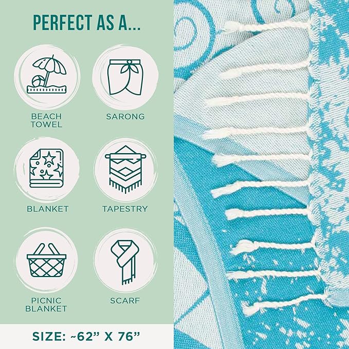 Sand Cloud Extra Large Turkish Beach Towel - Free 100% Organic Cotton Yarn Quick Dry for Beach, Picnic, Blanket or Bath As Seen on Shark Tank Marine Life (Crush Turtle Teal)