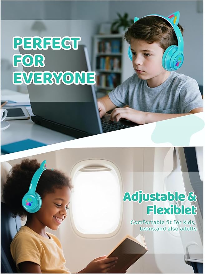 MIDOLA Kids Headphones Cat Ear Wireless Bluetooth 5.3 60H Over Ear, 8H with Led Light Foldable Music Gaming Headset with Aux 3.5mm Mic for Travel Pad Tablet Cyan