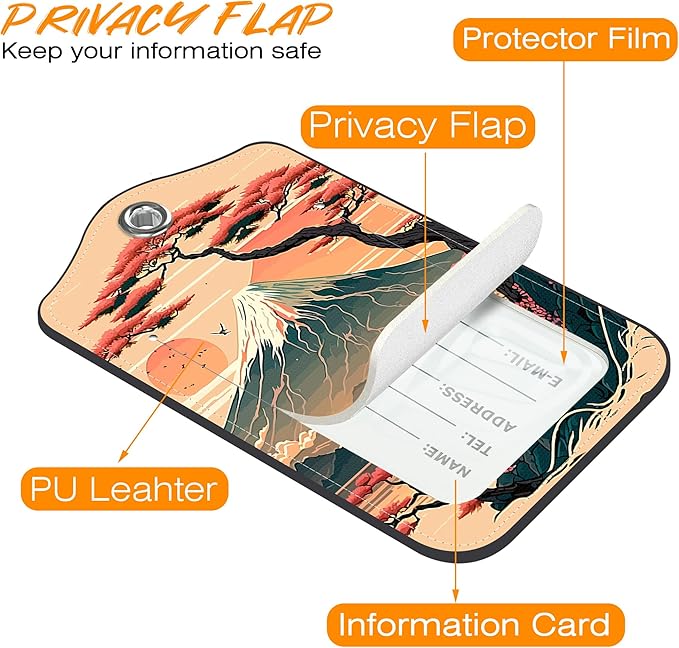 2 Pack Luggage Tag for Suitcase Japanese Mount Fuji and Sea Leather Travel Cruise Luggage Tag with Stainless Steel Loop Name ID Label Privacy Cover for Adults Teens Travel Bag Labels Set