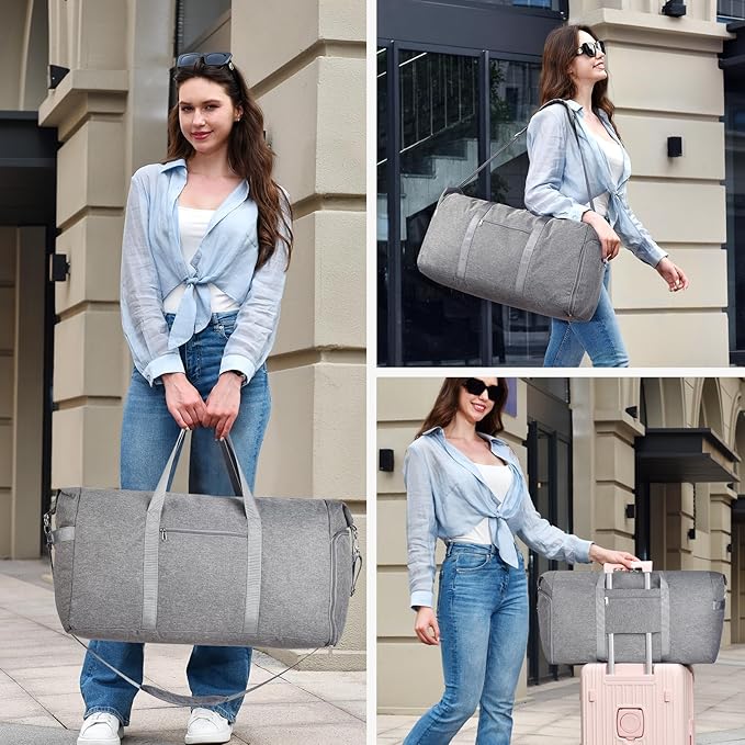 Felipe Varela 65L Duffle Bag with Shoes Compartment, Foldable Carry on Bag Travel Duffel Bags Overnight weekender Gym Bag with Wet Pocket for Women Men(Grey)