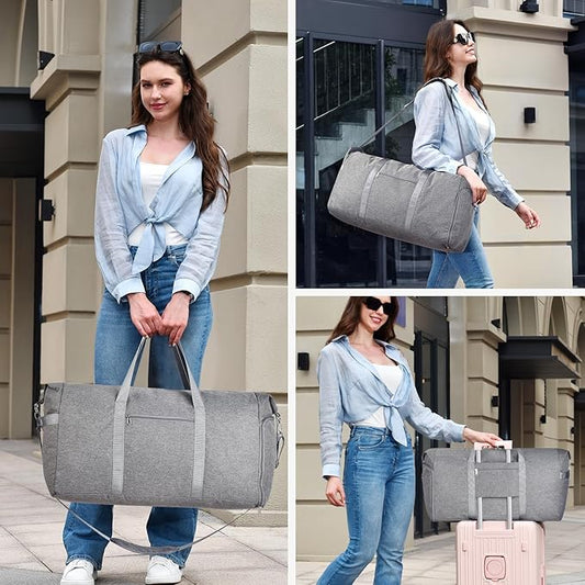 Felipe Varela 65L Duffle Bag with Shoes Compartment, Foldable Carry on Bag Travel Duffel Bags Overnight weekender Gym Bag with Wet Pocket for Women Men(Grey)