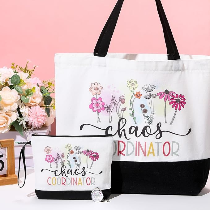Kacctyen 3 Pcs Chaos Coordinator Gifts Fine Canvas Tote Bag Makeup Cosmetic Bag Chaos Coordinator Appreciation Keychains Gifts for Female Women Birthday