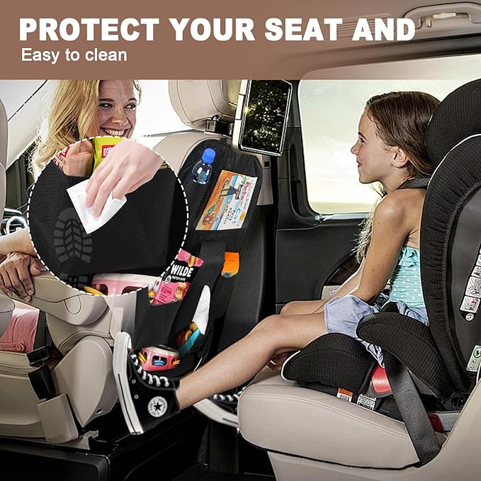 GMQ Backseat Car Organizer with Touch Screen,Kick Mats Back Seat Organizer for Kids,Multifunctional Seat Back Organizer Car Travel Accessories (Black, 1 PC)