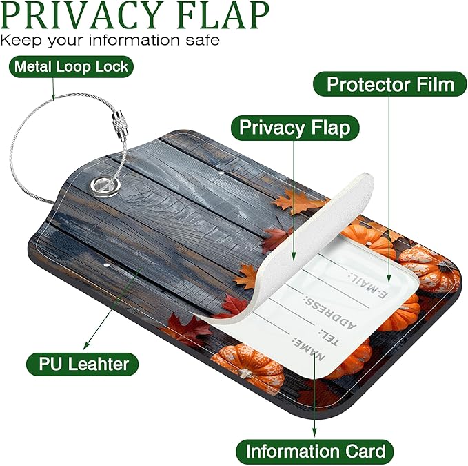 2 Pack Luggage Tag for Suitcase Thanksgiving Day Pumpkins Autumn Leaves Leather Suitcase Tags with Privacy Name ID Label and Stainless Steel Loop for Travel Bag