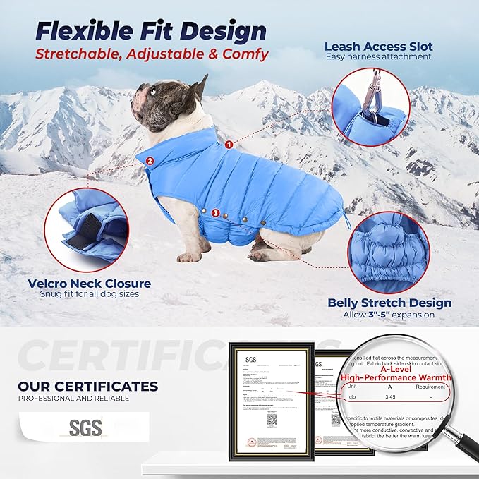 SPACE LION Dog Puffer Jacket, Down Winter Coat, Durable Outdoor Coat for Cold and Windy Conditions, Lightweight & Adjustable Fit Coats for Small Dogs, (Blue, Size10/S)