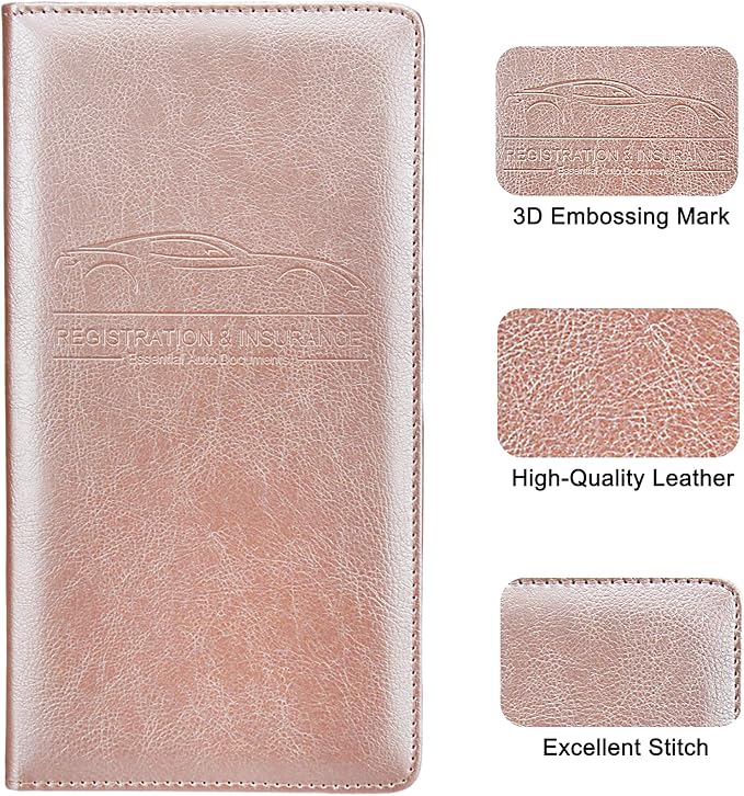 Premium Car Registration & Insurance Card Holder with Magnetic Shut, Vehicle Glove Box Car Organizer - For Documents, Cards, License (Rose gold)