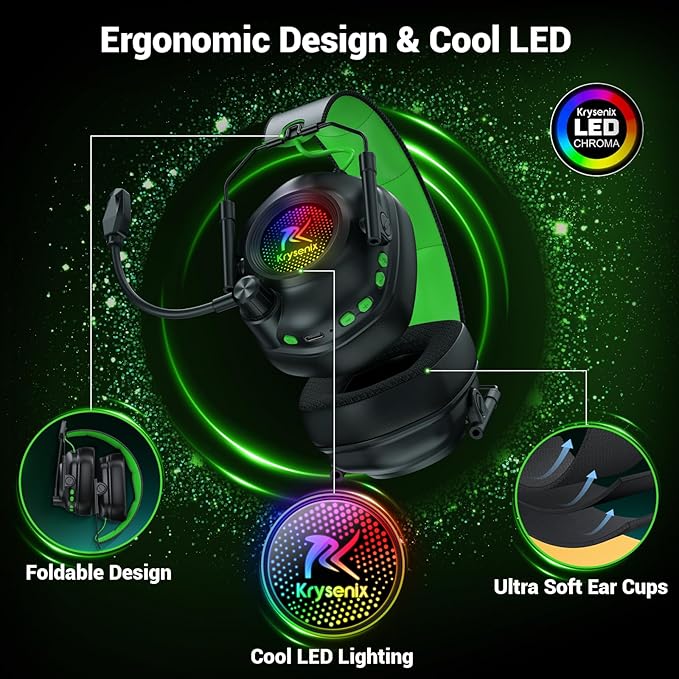 Wireless Gaming Headset with Noise Canceling Microphone for PC, PS5, PS4, Switch, Mac, 2.4 GHz Wireless & Bluetooth 5.4 Gaming Headphones, Cool RGB Lighting, 40Hr Battery, 50mm Drivers(Black Green)