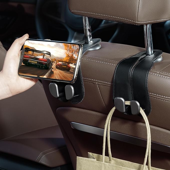 CoBak Purse Hook for Car - Universal Premium Stitched Leather and Aluminum-Magnesium Alloy Double Car Seat Back Storage Hook for Purses, Handbags, Bags (2 Pack),Black