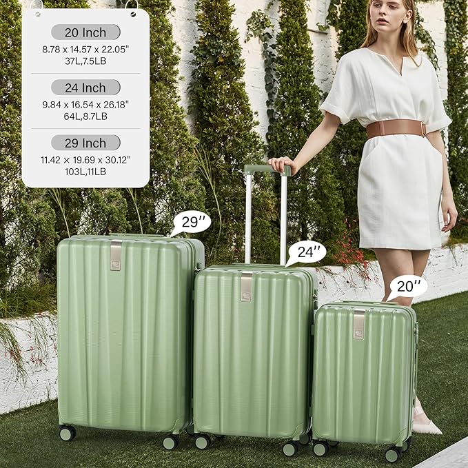 Hanke Hardshell Luggage Sets 2 Piece Extra Large Suitcases with Lock,28 Inch Luggage with Spinner Wheels, Travel Suitcase for Women Men 20 29Inch,Bamboo Green