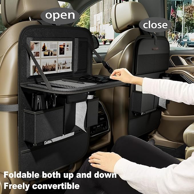 Aiuwo Car Backseat Organizer with Tablet Holder Storage Kick Mat Seat Protector,PU Leather Premium Car SeatBack Organizer with Foldable Table for Kids Toddlers Travel (Black, Plain weave)