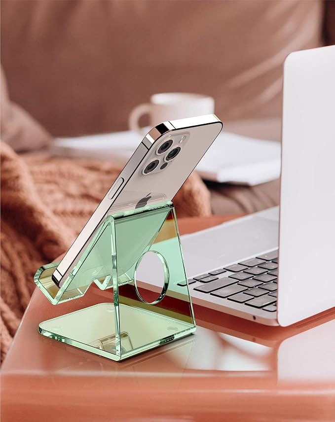 TOPGO Acrylic Cell Phone Stand, Clear Phone Holder for Office Desk, Vanity, Kitchen Counter, Bedside Table, Compatible with iPhone 17 16 15 14 13 12 Pro Max Plus/Smartphones/iPad/Switch/Kindle(Green)