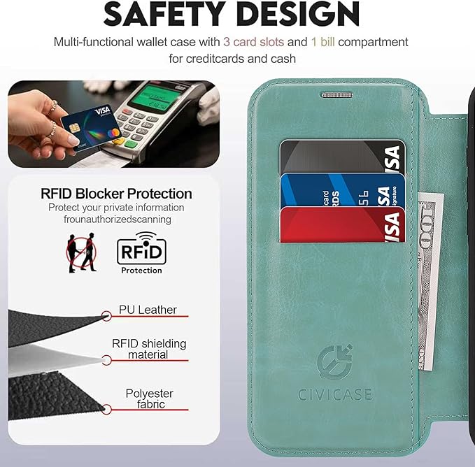 CIVICASE for iPhone 13 Pro Max Wallet Case with Stand,PU Leather Flip Credit Card Holder Slots (RFID Blocking),Compatible with Magsafe Magnetic Holder Phone Cover Women Men,Green