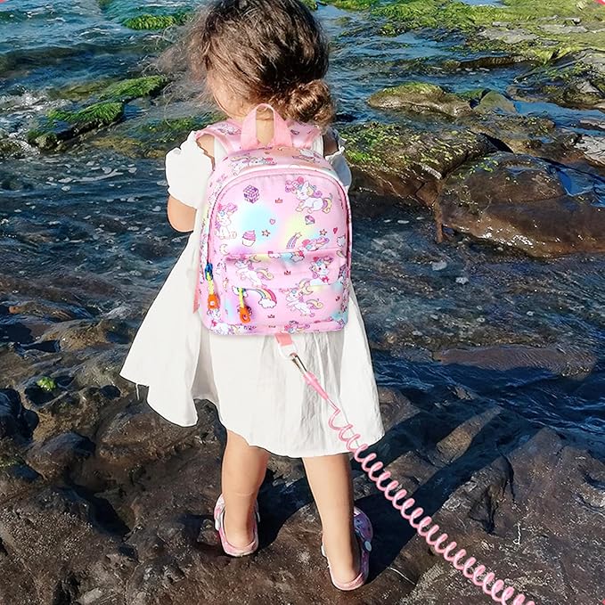 Accmor Toddler Backpack Leash with Anti Lost Wrist Link, Cute Mini Child Walking Harnesses Keep Kids Close Back Pack Rope Tether Rein for Baby Girls (Pink Colorful/Unicorn)