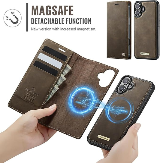 PlusnapX Wallet Case for iPhone 17 Compatible with Magsafe, 2-in-1 PU Leather Flip RFID Blocking Card Holder Stand Shockproof Magnetic Detachable Cover for iPhone 17 Case 6.3", Brown