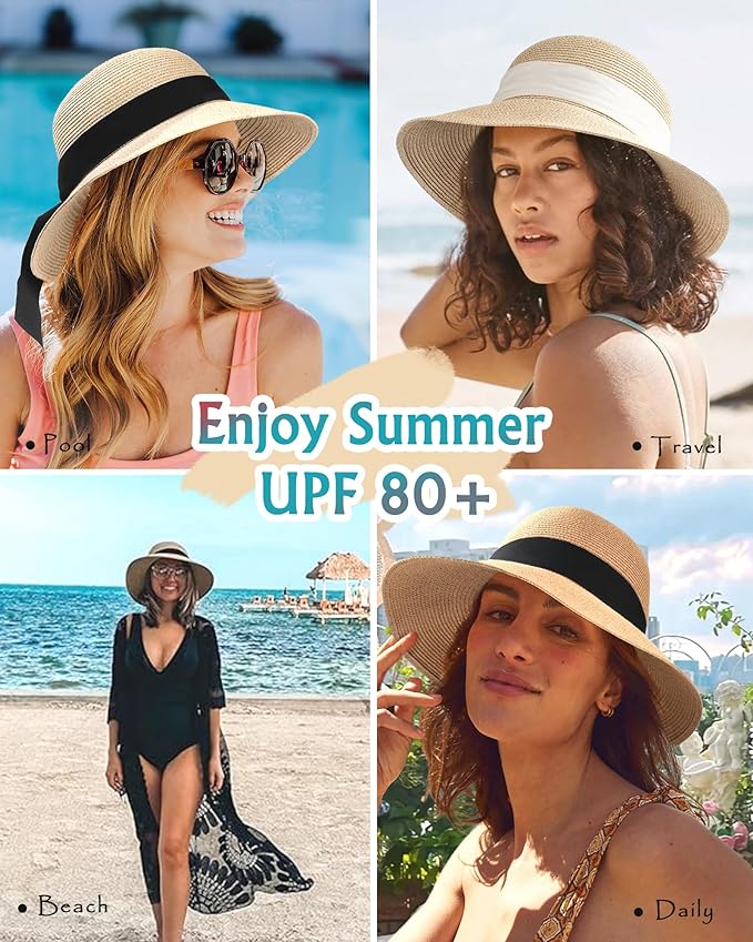 FURTALK Womens Beach Sun Straw Hat UV UPF 80+ Travel Foldable Brim Summer UV Hat