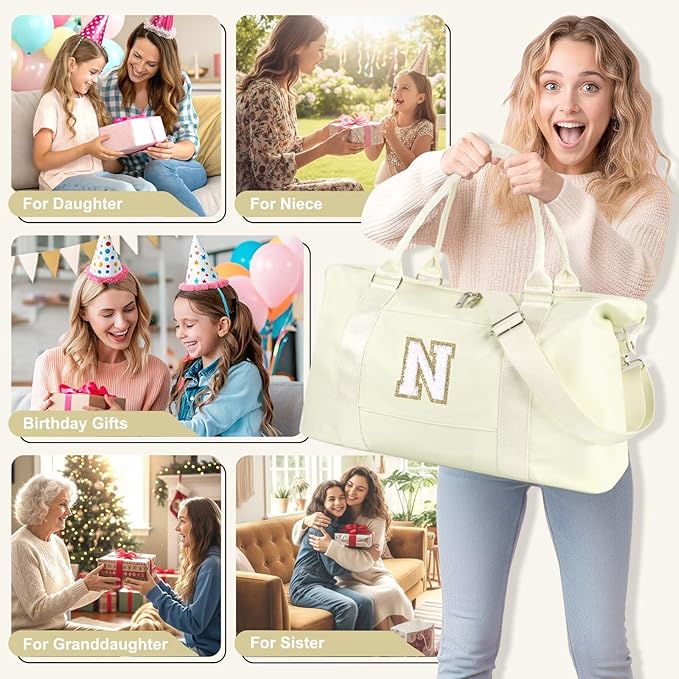 Dance Gym Duffel Bag for Teen Girls, Personalized Initial Travel Weekender Bag,Cute Overnight Carry On Duffle for Women,Sports Travel Cheer Bag,Monogram Christmas Gifts for Tween Preppy(beige-N)