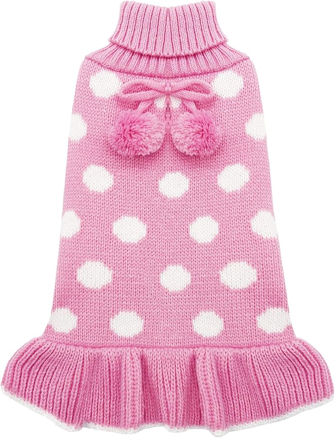 KYEESE Valentines Dog Sweater Dress, Warm Dog Sweaters for Small Medium Dogs Girl, Cozy Pullover Dog Clothes Pet Apparel with Leash Hole, Pink Dot, XL