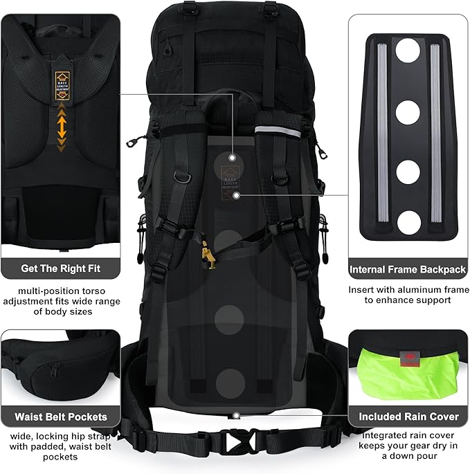 N NEVO RHINO Internal Frame Hiking Backpack 50/60/65/70/80L, Mountain Climbing Camping Backpack Daypack Waterproof Rain Cover | Mountain Climbing, Camping Backpack, Daypack, Waterproof, Rain Cover