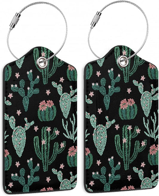 Abstract Cactus Plants Luggage Tag for Suitcase 2 Pcs Unique Leather Suitcase Tags with Full Privacy Cover Stainless Steel Loop for Women Men Travel Baggage Bag Backpack