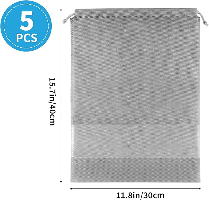 Shoe Bags for Travel, 5 Pcs Large Gray Travel Shoe Bags for Packing, Non-Woven Drawstring Travel Shoe Storage Bag with Clear Window for Men and Women（12.6" X 17.3" ）