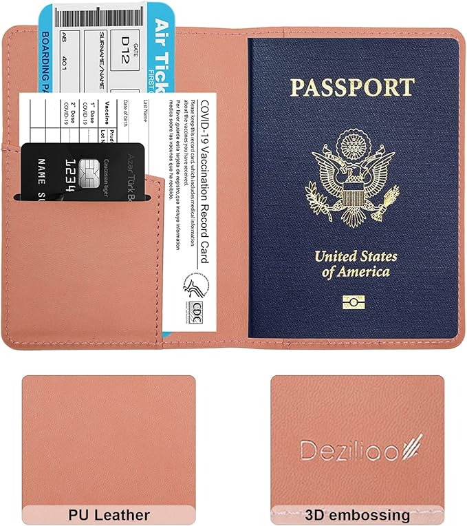 Deziliao Passport Holder,Passport Holder Card Slots, and Vaccine Combo, Cute cover for Women Men, with Waterproof Rfid Blocking, Travel Wallet(M-Pink)