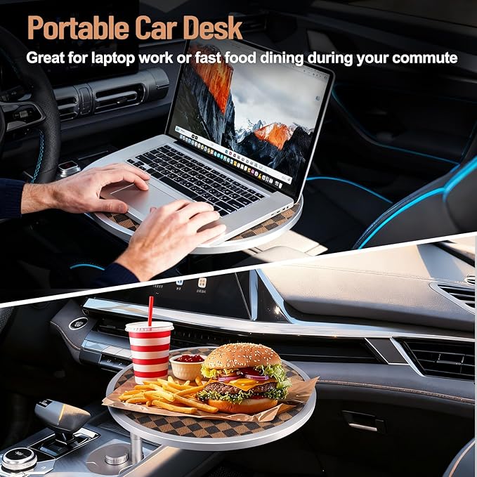 Car Tray Table & Car Desk for Laptop with 2 Risers and Anti-slip Pad, 360° Rotating Cup Holder for Working and Eating Compatible with Tesla Model 3/Y/S/Ensure The Cup Holder is Round/Brown