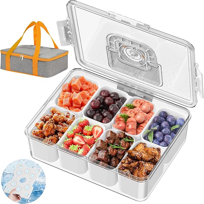 Snackle Box Container with Ice Pack, Bonus Insulated Bag Charcoolerie Chilled Portable Serving Tray with Lid and Handle，8 Compartment Snack Container for Charcuterie Snack Road Trip Picnic