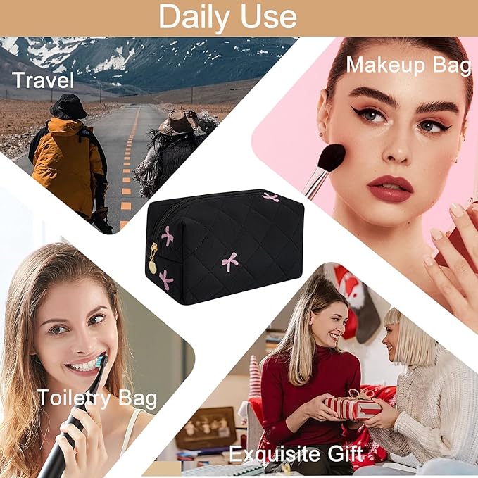 Makeup Bag Travel Cosmetic Bag for Women Girls, Zipper Make Up Pouch, Floral Flowers Toiletry Organizer Makeup, Portable Storage Cosmetic Travel Cloth Bag (Black)