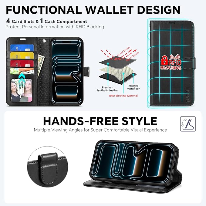 TUCCH 2-in-1 Detachable Wallet Case for iPhone 17 Pro Max (6.9") 2025, Wireless Charging | RFID Blocking 4 Card Holder | Wrist Strap | Kickstand | Magnetic | PU Leather | Protective Flip Cover | Black