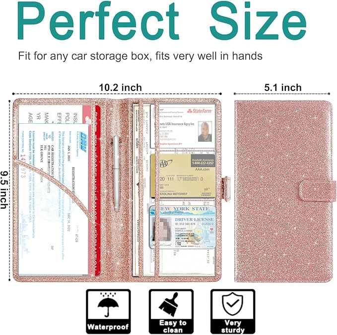 RSAquar Car Registration & Insurance Holder, Vehicle Glove Box Organizer, Cool Accessories for ID, Driver License Cards & Essential Documents, Glitter Rose Gold