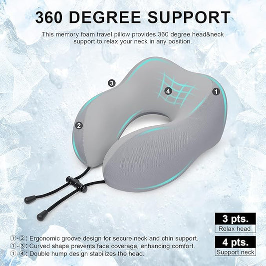 Travel Pillow for Airplane Memory Foam Neck Pillow, Soft & Support Travel Pillow for Travelling, Sleeping Rest, Car, Train and Home Use (Grey)