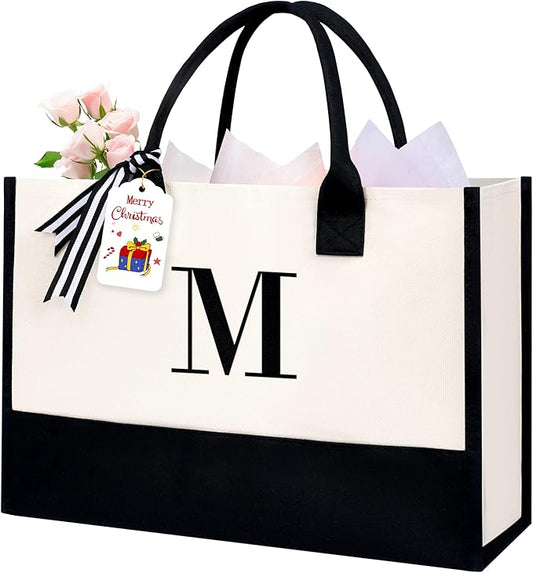 BAGAIL Initial Tote Bag, Personalized Birthday Gifts for Women, Teacher, Friends, Mom, Wedding, Monogrammed Beach Bag