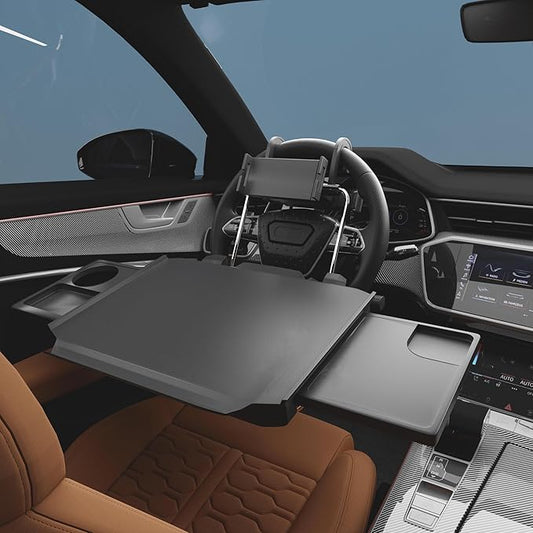 HZGAMER 2 in 1 Large Car Steering Wheel Tray/Back Seat Headrest Table with Phone Holder for Eating Food Drink and Writing Work, Car Steering Wheel Desk Laptop Mount - Gifts for Truck Drivers