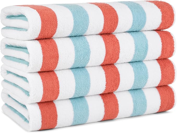 Arkwright Cabo Cabana Stripe Beach Towel - Pack of 4 - Large Soft Quick Dry Cotton Terry Towels for Pool, Swim, and Hot Tub, Oversized 30 x 70 in, Crabapple/Pool Blue