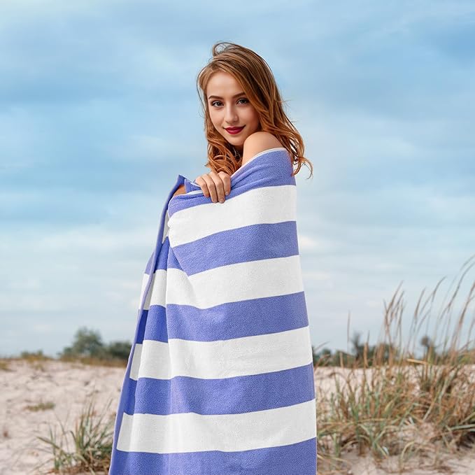 Cotton Oversized Beach Towel - 40 x70 Inch Extra Large Striped Pool Towel, Big Soft Terry Cloth Blue Cabana Swim Towel