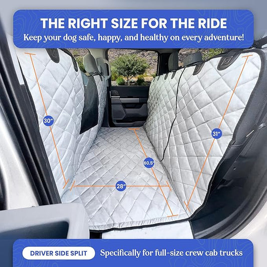 4Knines Dog Floor Hammock for Truck & Crew Cab with Fold Up Seats – Back Seat Pet Cover for Dogs – Compatible with Ram and Nissan Full Size Trucks (Driver Side Split, Grey)