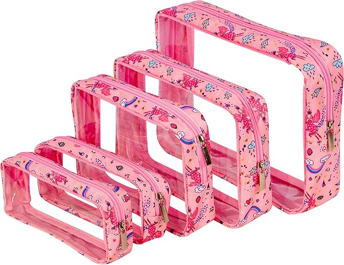 TSA Approved 5-Piece Diaper Bag Organizer Pouch Set Clear Waterproof TPU Kids Toiletry Storage Set Travel Packing Clutch Cube Bags for Baby Nursing