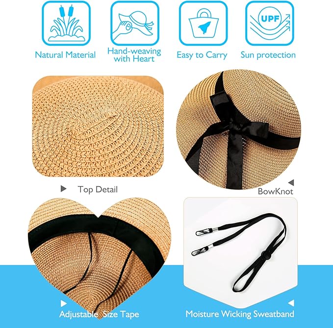 Beach Hats for Women, Foldable Sun Hat Womens UV Protection, Boho Wide Brim Hats for Women, Floppy Straw Visor Hat