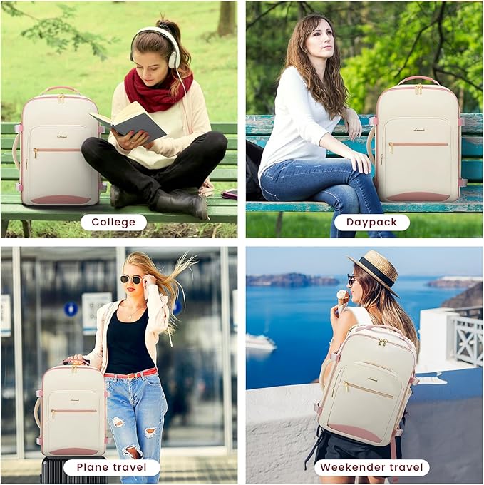 LOVEVOOK 40L Large Travel Backpack for Women Men, 17 Inch Carry on Backpack for Traveling on Airplane, Personal Item Travel Bag Airline Approved, Business Causal Weekender Backpack, Beige-Pink