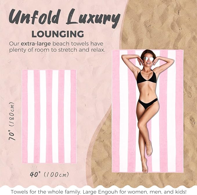 Cotton Oversized Beach Towel - 40 x70 Inch Extra Large Striped Pool Towel, Big Soft Terry Cloth Pink Cabana Swim Towel