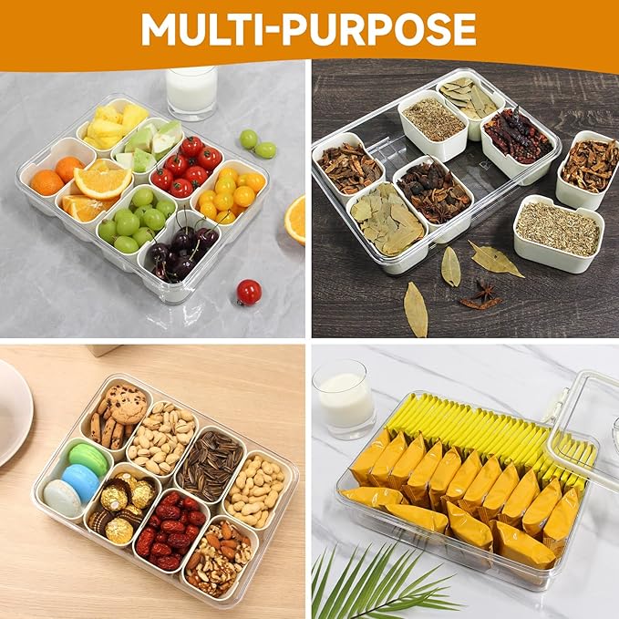Yuroochii Snackle Box Container, Portable Snack Box 8 Compartment Divided Serving Tray with Lid & Handle, Clear Snack Charcuterie Platter for Travel Candy Party Fruit Salad (White)