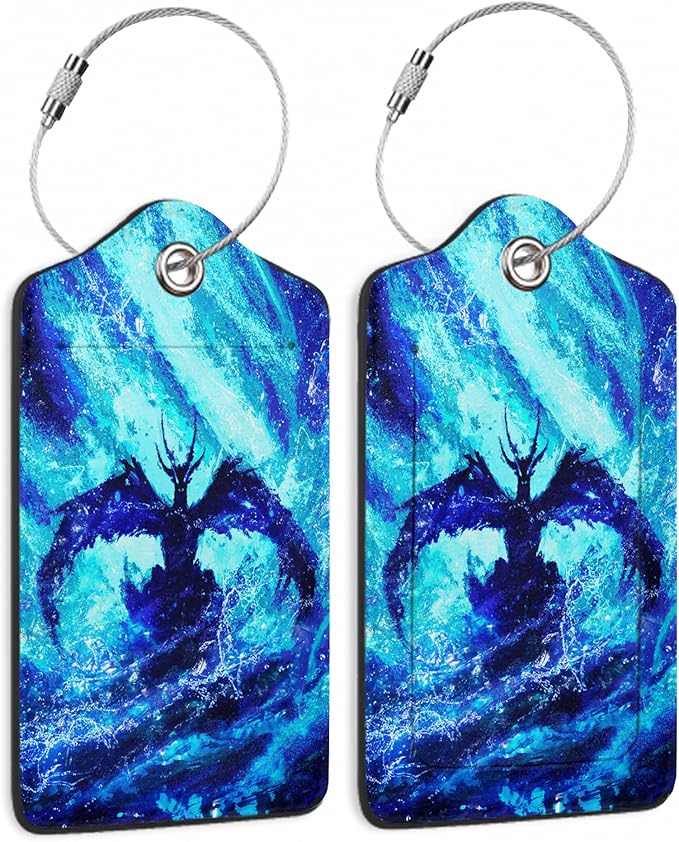 2 Pack Luggage Tag for Suitcases Blue Dragon Glowing PU Leather Bag Travel Suitcase ID Identifier Baggage Tags for Women Men Travel