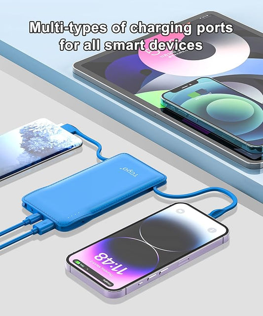 TG90° 10000mah Power Bank Portable Charger with Built-in Cables(No AC Plug), Portable Phone Charger Battery Backup Compatible with iPhone 17 16 15 14 13 12 and Android Phones
