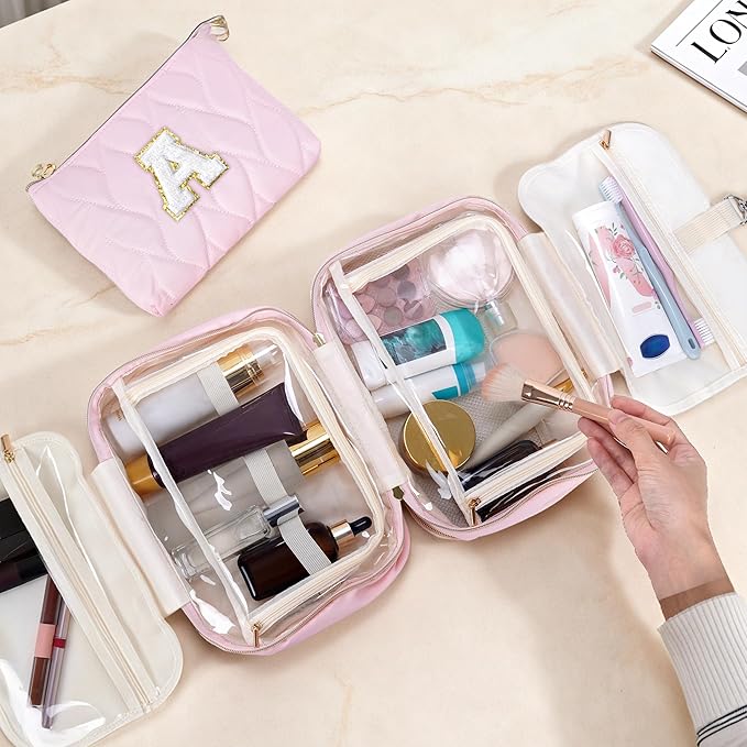 YOOLIFE Hanging Toiletry Bag Makeup Bag for Women Girls, Initial Toiletry Bag Cosmetic Bag, Personalized Birthday Gifts for Women Teen Girls Letter Pink A