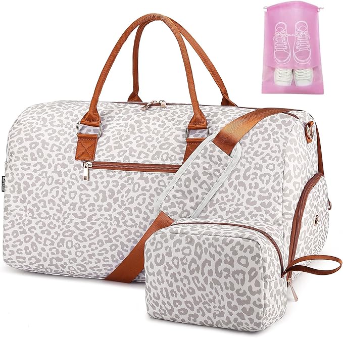 Duffle Bag for Travel, Weekender Bag with Shoe Compartment, Carry On Overnight Bag for Women with Toiletry Bag, Gym Bag with Wet Pocket, Hospital Bags for Labor and Delivery Beige